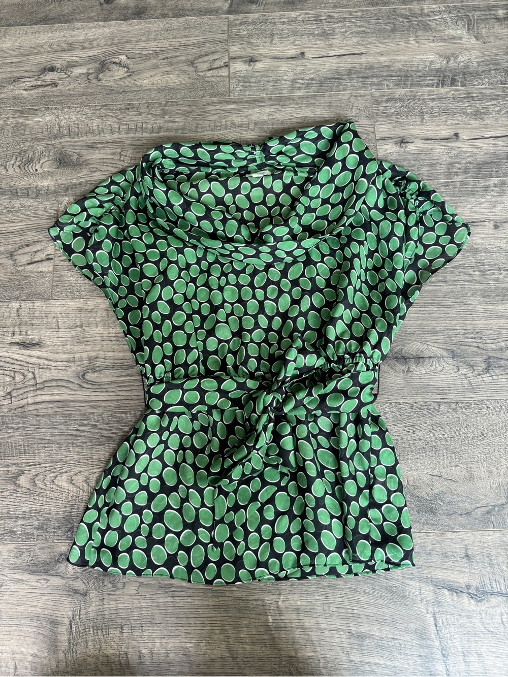 Odille Black Blouse with Green Polka Dot Print 100% Silk